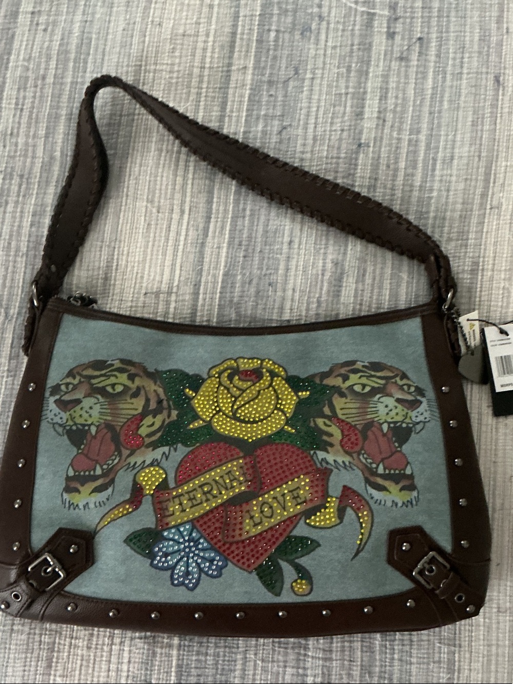 Ed Hardy Women's Brown Shoulder Bag with Embellished Tattoo Heart & Tiger Design